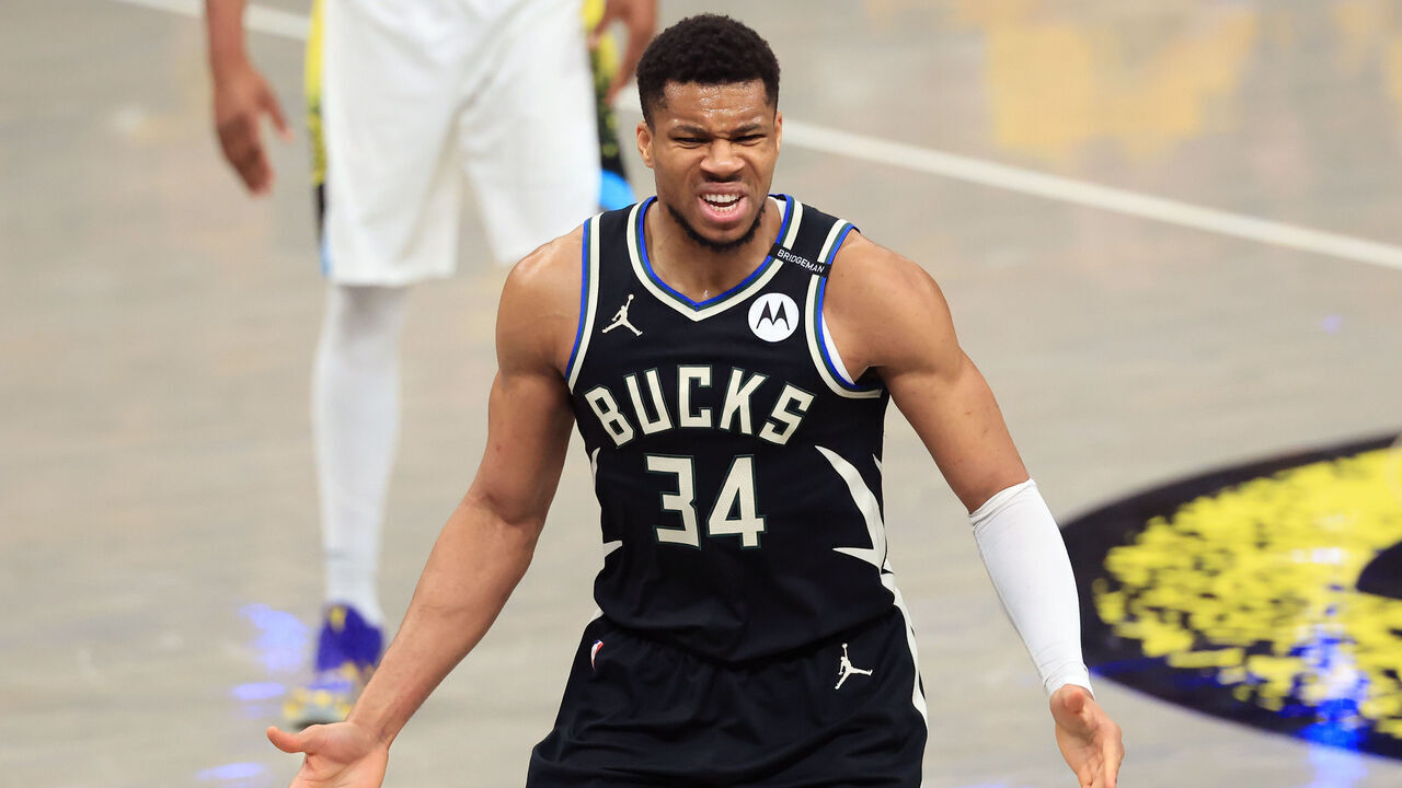 INDIANAPOLIS, INDIANA - APRIL 29: Giannis Antetokounmpo #34 of the Milwaukee Bucks reacts in the first quarter against the Indiana Pacers of Game 5 of the 2025 NBA Playoffs at Gainbridge Fieldhouse on April 29, 2025 in Indianapolis, Indiana.