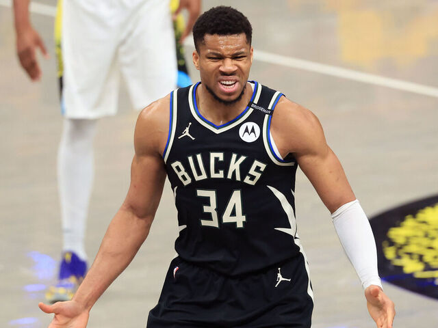 INDIANAPOLIS, INDIANA - APRIL 29: Giannis Antetokounmpo #34 of the Milwaukee Bucks reacts in the first quarter against the Indiana Pacers of Game 5 of the 2025 NBA Playoffs at Gainbridge Fieldhouse on April 29, 2025 in Indianapolis, Indiana.