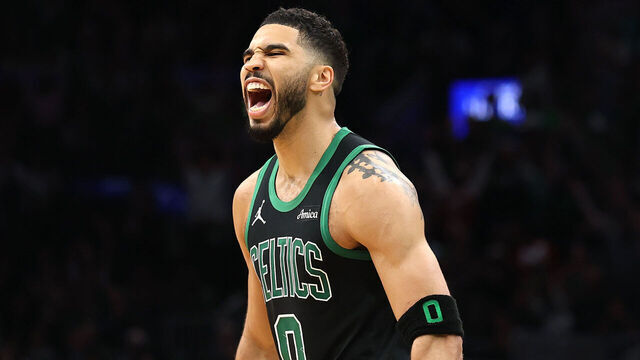 BOSTON, MASSACHUSETTS - APRIL 29: Jayson Tatum #0 of the Boston Celtics reacts after a play during the third quarter in Game Five of the Eastern Conference First Round NBA Playoffs against the Orlando Magic at TD Garden on April 29, 2025 in Boston, Massachusetts.