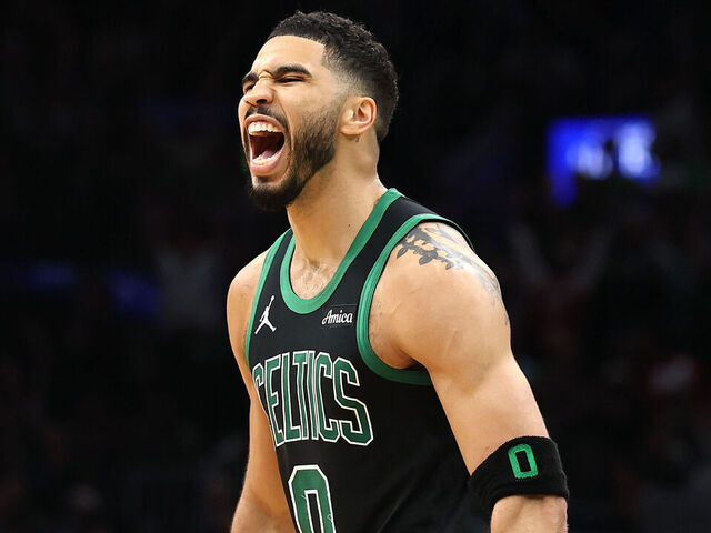 BOSTON, MASSACHUSETTS - APRIL 29: Jayson Tatum #0 of the Boston Celtics reacts after a play during the third quarter in Game Five of the Eastern Conference First Round NBA Playoffs against the Orlando Magic at TD Garden on April 29, 2025 in Boston, Massachusetts.