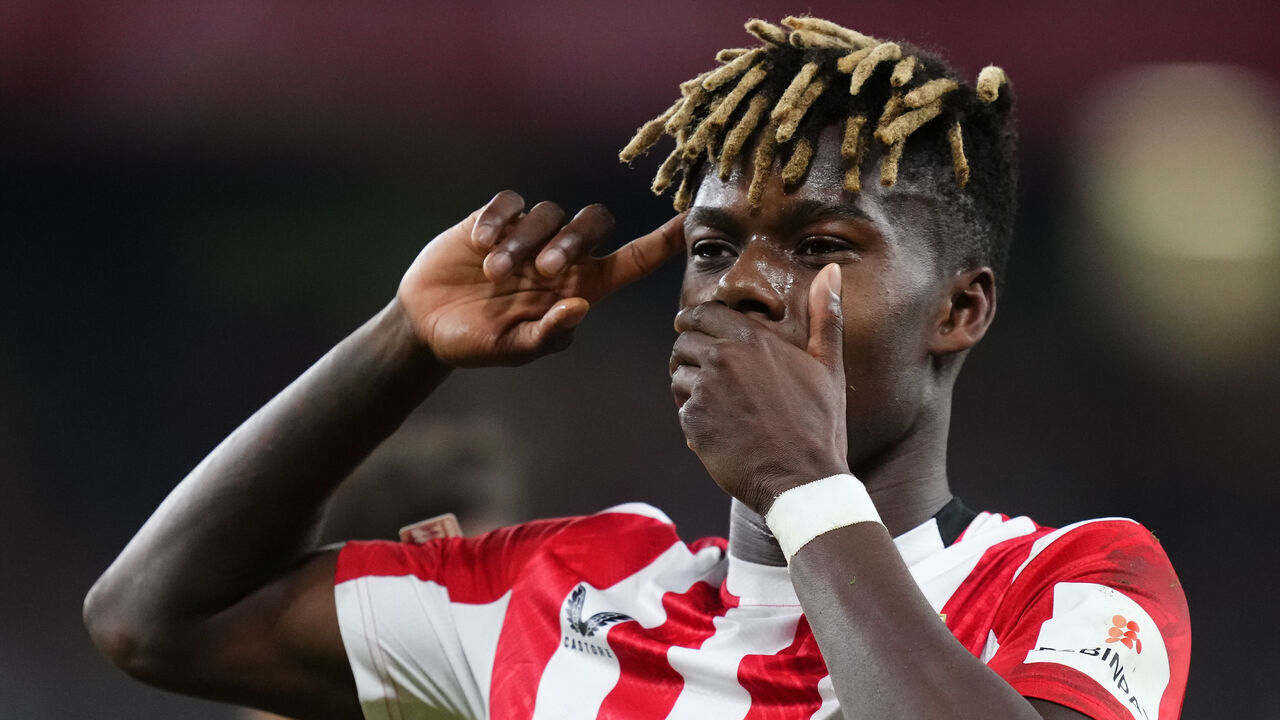 Nico Williams left winger of Athletic Club and Spain celebrates after scoring his sides first goal during the UEFA Europa League 2024/25 Quarter Final Second Leg match between Athletic Club and Rangers FC at Estadio de San Mames on April 17, 2025 in Bilbao, Spain.