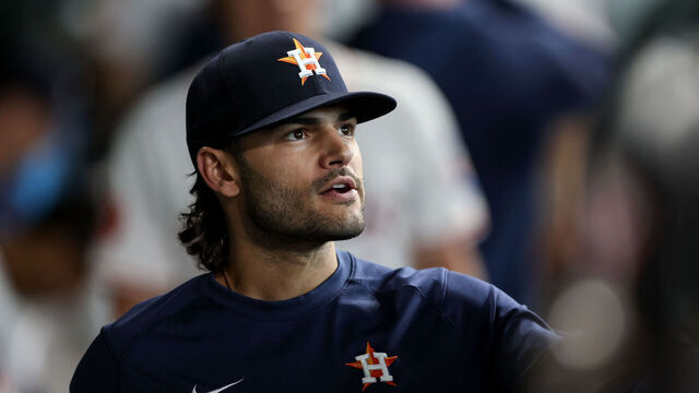 HOUSTON, TEXAS - APRIL 13: Lance McCullers Jr. #43 of the Houston Astros watches from the dugout in the seventh inning against the Texas Rangers at Minute Maid Park on April 13, 2024 in Houston, Texas.