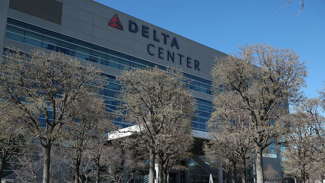 SALT LAKE CITY, UTAH - MARCH 19: General view outside of the Delta Center ahead of the NCAA Men's Basketball Tournament on March 19, 2024 in Salt Lake City, Utah.