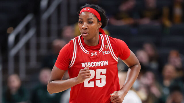 INDIANAPOLIS, INDIANA - MARCH 5: Serah Williams #25 of the Wisconsin Badgers jogs up the court during the game against the Iowa Hawkeyes in the Big Ten Women's Basketball Tournament First Round at Gainbridge Fieldhouse on March 5, 2025 in Indianapolis, Indiana.