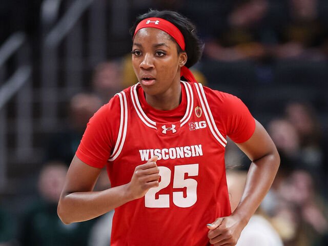 INDIANAPOLIS, INDIANA - MARCH 5: Serah Williams #25 of the Wisconsin Badgers jogs up the court during the game against the Iowa Hawkeyes in the Big Ten Women's Basketball Tournament First Round at Gainbridge Fieldhouse on March 5, 2025 in Indianapolis, Indiana.