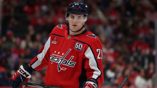 WASHINGTON, DC - MARCH 09: Aliaksei Protas #21 of the Washington Capitals skates against the Seattle Kraken at Capital One Arena on March 09, 2025 in Washington, DC.