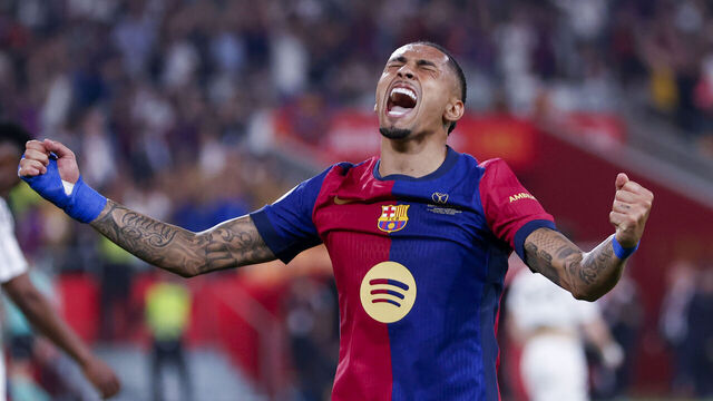 Raphinha Dias Belloli of FC Barcelona celebrates a goal during the Final Copa del Rey match between Real Madrid and FC Barcelona at La Cartuja in Seville, Spain, on April 26, 2025.