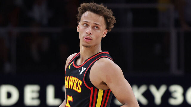 ATLANTA, GA - APRIL 18: Dyson Daniels #5 of the Atlanta Hawks looks on during the game against the Miami Heat on April 18, 2025 at State Farm Arena in Atlanta, Georgia. NOTE TO USER: User expressly acknowledges and agrees that, by downloading and/or using this Photograph, user is consenting to the terms and conditions of the Getty Images License Agreement. Mandatory Copyright Notice: Copyright 2025 NBAE