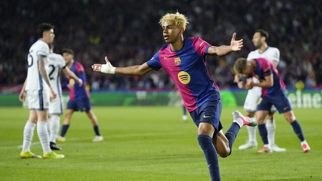 Lamine Yamal right winger of Barcelona and Spain celebrates after scoring his sides first goal during the UEFA Champions League 2024/25 Semi Final First Leg match between FC Barcelona and FC Internazionale Milano at Estadi Olimpic Lluis Companys on April 30, 2025 in Barcelona, Spain.