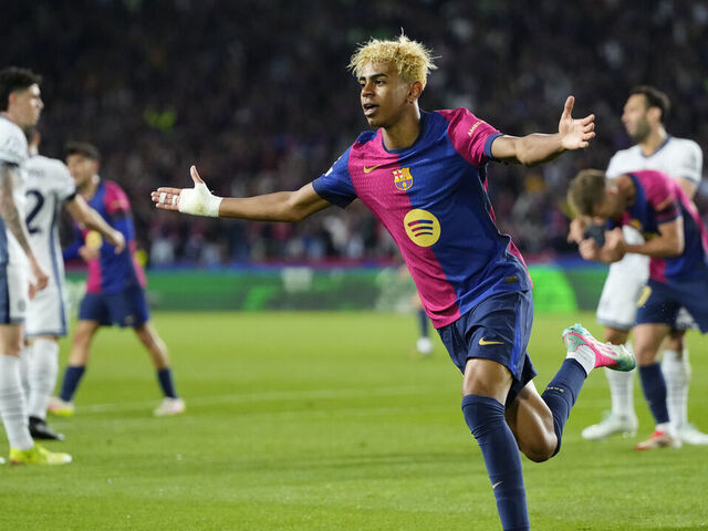 Lamine Yamal right winger of Barcelona and Spain celebrates after scoring his sides first goal during the UEFA Champions League 2024/25 Semi Final First Leg match between FC Barcelona and FC Internazionale Milano at Estadi Olimpic Lluis Companys on April 30, 2025 in Barcelona, Spain.