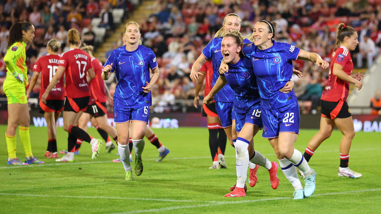 LEIGH, ENGLAND - APRIL 30: Lucy Bronze of Chelsea celebrates scoring her team's first goal with team mate Wieke Kaptein of Chelsea during the Barclays Women's Super League match between Manchester United FC and Chelsea FC at Leigh Sports Village on April 30, 2025 in Leigh, England.