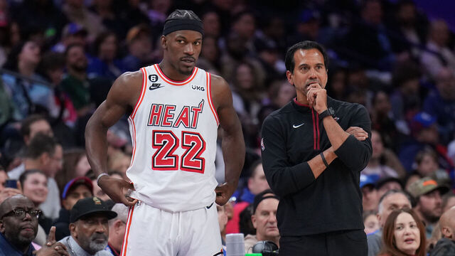 PHILADELPHIA, PA - FEBRUARY 27: Jimmy Butler #22 and Erik Spoelstra of the Miami Heat look on against the Philadelphia 76ers on February 27, 2023 at the Wells Fargo Center in Philadelphia, Pennsylvania. NOTE TO USER: User expressly acknowledges and agrees that, by downloading and/or using this Photograph, user is consenting to the terms and conditions of the Getty Images License Agreement. Mandatory Copyright Notice: Copyright 2023 NBAE