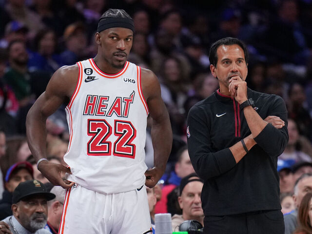 PHILADELPHIA, PA - FEBRUARY 27: Jimmy Butler #22 and Erik Spoelstra of the Miami Heat look on against the Philadelphia 76ers on February 27, 2023 at the Wells Fargo Center in Philadelphia, Pennsylvania. NOTE TO USER: User expressly acknowledges and agrees that, by downloading and/or using this Photograph, user is consenting to the terms and conditions of the Getty Images License Agreement. Mandatory Copyright Notice: Copyright 2023 NBAE