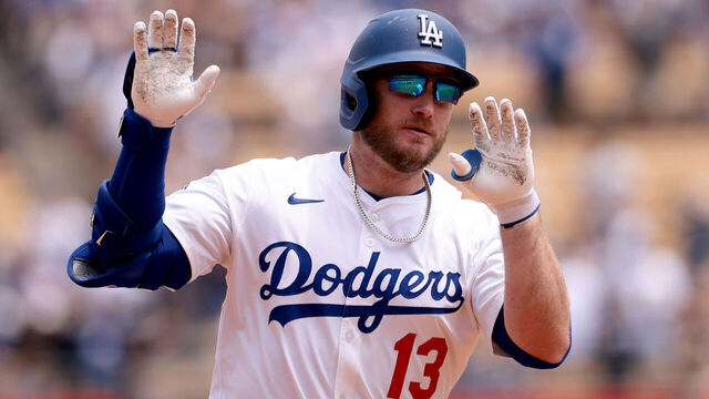 LOS ANGELES, CALIFORNIA - APRIL 30: Max Muncy #13 of the Los Angeles Dodgers celebrates after hitting a home run during the second inning against the Miami Marlins at Dodger Stadium on April 30, 2025 in Los Angeles, California.
