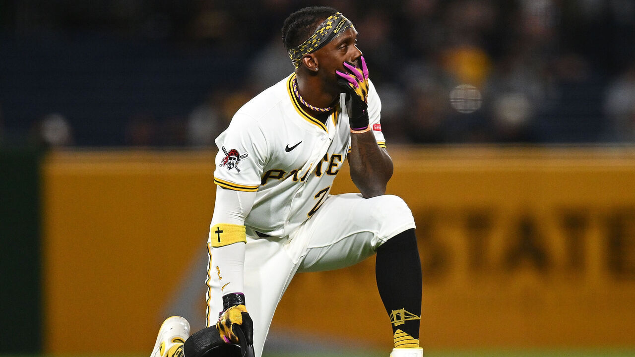 PITTSBURGH, PENNSYLVANIA - APRIL 30: Andrew McCutchen #22 of the Pittsburgh Pirates looks on after a fan fell from the stands during the seventh inning against the Chicago Cubs at PNC Park on April 30, 2025 in Pittsburgh, Pennsylvania.