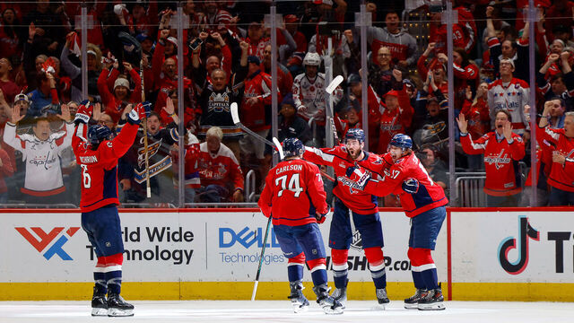WASHINGTON, DC - APRIL 30: Tom Wilson #43 of the Washington Capitals celebrates a goal against the Montreal Canadiens in the second period during Game Five of the First Round of the 2025 Stanley Cup Playoffs at Capital One Arena on April 30, 2025 in Washington, D.C.