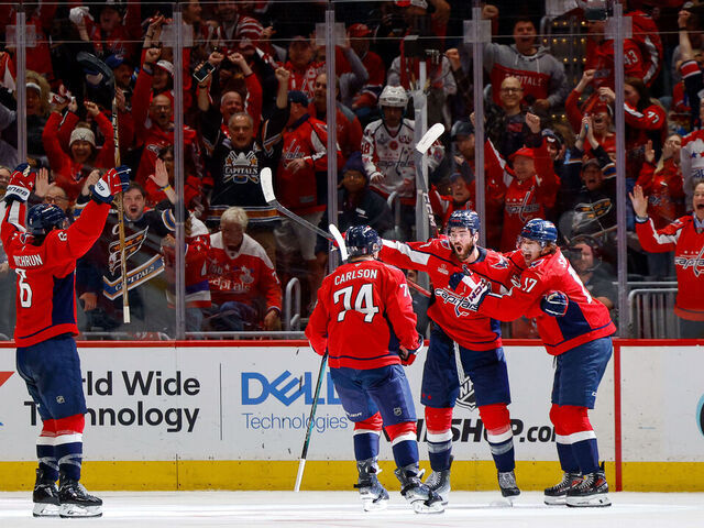 WASHINGTON, DC - APRIL 30: Tom Wilson #43 of the Washington Capitals celebrates a goal against the Montreal Canadiens in the second period during Game Five of the First Round of the 2025 Stanley Cup Playoffs at Capital One Arena on April 30, 2025 in Washington, D.C.
