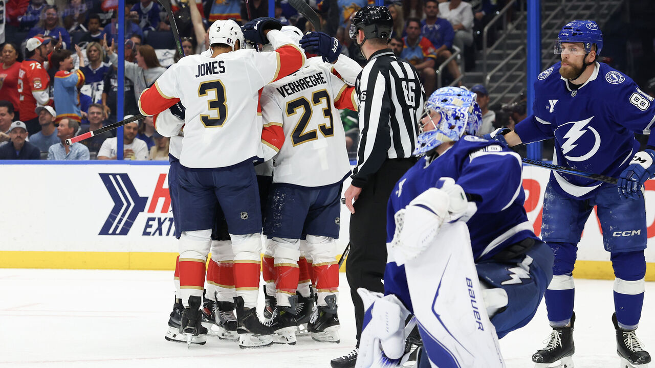 TAMPA, FLORIDA - APRIL 30: Carter Verhaeghe #23 of the Florida Panthers celebrates with teammates after scoring a goal against the Tampa Bay Lightning during the first period in Game Five of the First Round of the 2025 Stanley Cup Playoffs at Amalie Arena on April 30, 2025 in Tampa, Florida.