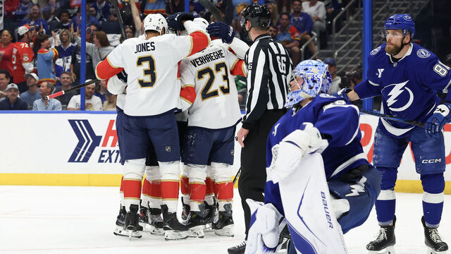 TAMPA, FLORIDA - APRIL 30: Carter Verhaeghe #23 of the Florida Panthers celebrates with teammates after scoring a goal against the Tampa Bay Lightning during the first period in Game Five of the First Round of the 2025 Stanley Cup Playoffs at Amalie Arena on April 30, 2025 in Tampa, Florida.