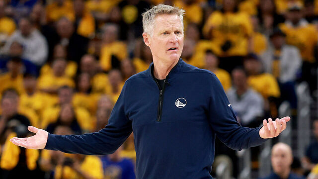 SAN FRANCISCO, CALIFORNIA - APRIL 28: Head coach Steve Kerr of the Golden State Warriors reacts against the Houston Rockets during the third quarter in Game Four of the Western Conference First Round NBA Playoffs at Chase Center on April 28, 2025 in San Francisco, California.