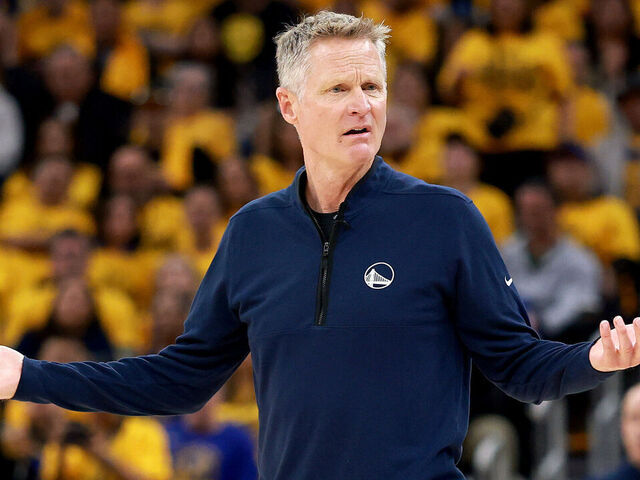 SAN FRANCISCO, CALIFORNIA - APRIL 28: Head coach Steve Kerr of the Golden State Warriors reacts against the Houston Rockets during the third quarter in Game Four of the Western Conference First Round NBA Playoffs at Chase Center on April 28, 2025 in San Francisco, California.