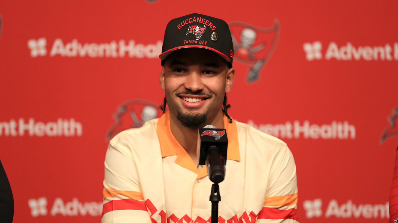 TAMPA, FL - April 25: Tampa Bay Buccaneers 2025 first round pick Wide Receiver Emeka Egbuka speaks to the media during the Tampa Bay Buccaneers First Round Pick Press Conference on April 25, 2025 at the AdventHealth Training Center at One Buccaneer Place in Tampa, Florida.