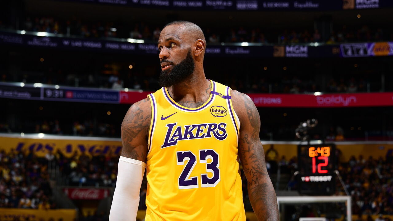 LOS ANGELES, CA - APRIL 30: LeBron James #23 of the Los Angeles Lakers looks on during the game against the Minnesota Timberwolves during Round One Game Five of the 2025 NBA Playoffs on April 30, 2025 at Crypto.Com Arena in Los Angeles, California. NOTE TO USER: User expressly acknowledges and agrees that, by downloading and/or using this Photograph, user is consenting to the terms and conditions of the Getty Images License Agreement. Mandatory Copyright Notice: Copyright 2025 NBAE