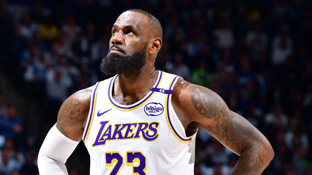 MINNEAPOLIS, MN - APRIL 27: LeBron James #23 of the Los Angeles Lakers looks on during the game against the Minnesota Timberwolves during Round 1 Game 4 of the 2025 NBA Playoffs on April 27, 2025 at Target Center in Minneapolis, Minnesota. Mandatory Copyright Notice: Copyright 2025 NBAE