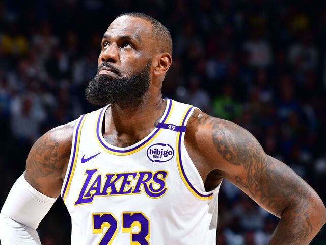 MINNEAPOLIS, MN - APRIL 27: LeBron James #23 of the Los Angeles Lakers looks on during the game against the Minnesota Timberwolves during Round 1 Game 4 of the 2025 NBA Playoffs on April 27, 2025 at Target Center in Minneapolis, Minnesota. Mandatory Copyright Notice: Copyright 2025 NBAE