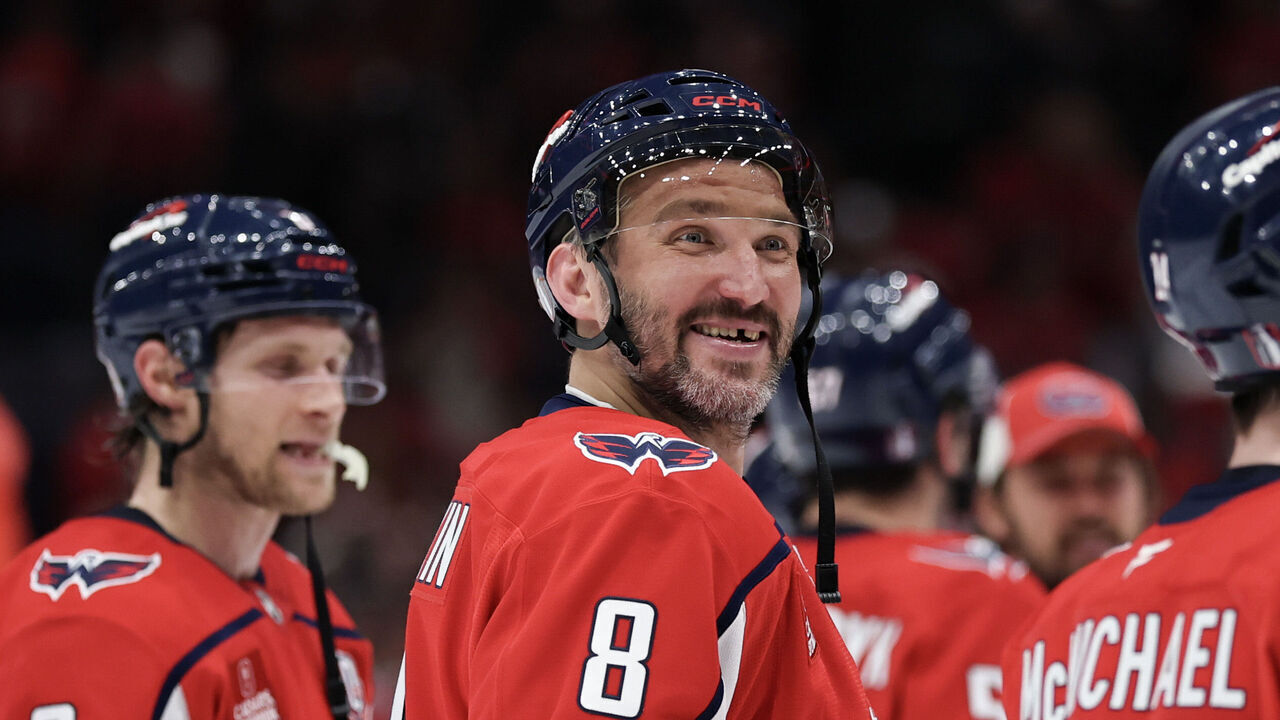 WASHINGTON, DC - APRIL 30: Alex Ovechkin #8 of the Washington Capitals reacts after his team defeated the Montreal Canadiens in Game Five of the First Round of the 2025 Stanley Cup Playoffs at Capital One Arena on April 30, 2025 in Washington, DC.