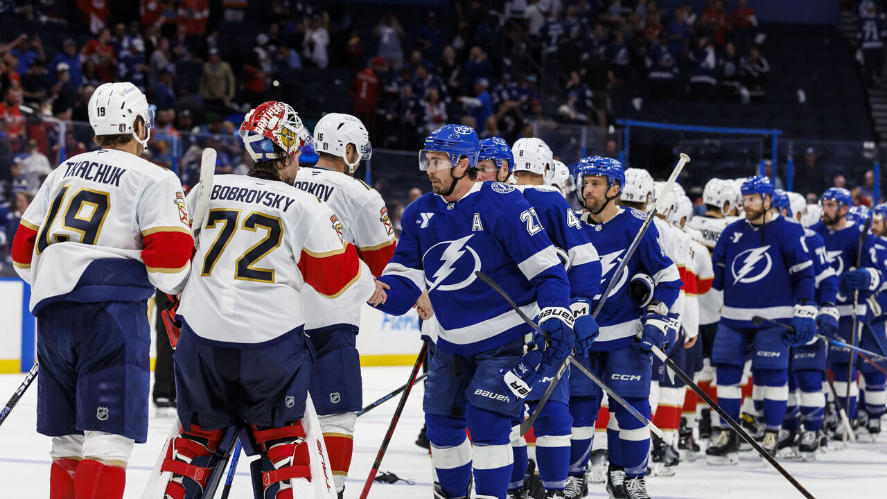TAMPA, FL - APRIL 30: The Tampa Bay Lightning shake hands after the series loss to the Florida Panthers during Game Five of the First Round of the 2025 Stanley Cup Playoffs at Amalie Arena on April 30, 2025 in Tampa, Florida.