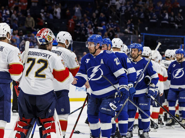 TAMPA, FL - APRIL 30: The Tampa Bay Lightning shake hands after the series loss to the Florida Panthers during Game Five of the First Round of the 2025 Stanley Cup Playoffs at Amalie Arena on April 30, 2025 in Tampa, Florida.