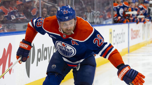 EDMONTON, CANADA - APRIL 25: Leon Draisaitl #29 of the Edmonton Oilers skates against the Los Angeles Kings during the second period in Game Three of the First Round of the 2025 Stanley Cup Playoffs at Rogers Place on April 25, 2025, in Edmonton, Canada.