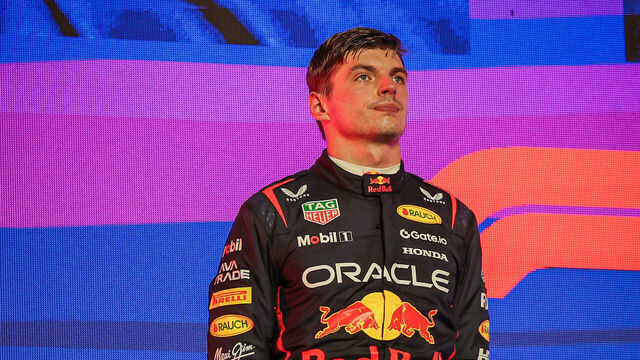 JEDDAH, SAUDI ARABIA - APRIL 20: Max Verstappen of Red Bull Racing on stage to receive the second place award in the Formula 1 Saudi Arabian Grand Prix at Corniche Circuit in Jeddah, Saudi Arabia on April 20, 2025.