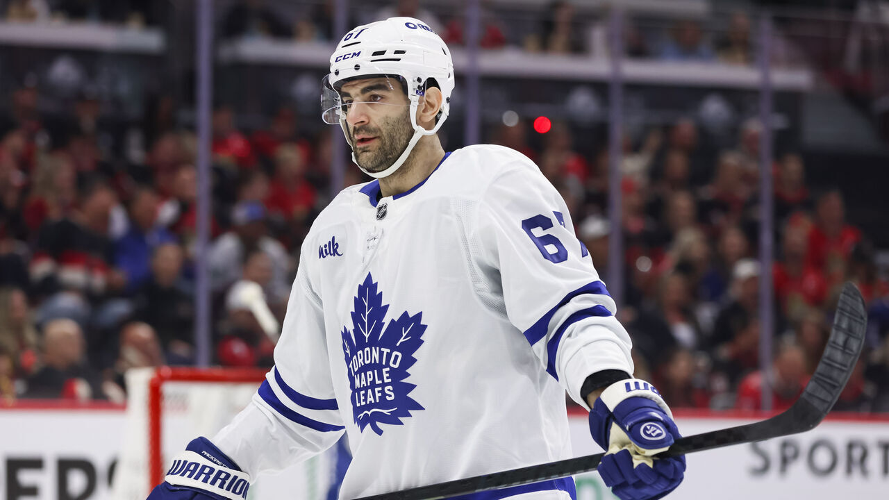 OTTAWA, ON - APRIL 24: Toronto Maple Leafs left wing Max Pacioretty (67) after a whistle during the first period of Game Three of the First Round of the 2025 Stanley Cup Playoffs between the Toronto Maple Leafs and Ottawa Senators on April 24, 2025, at Canadian Tire Centre in Ottawa, ON, Canada.