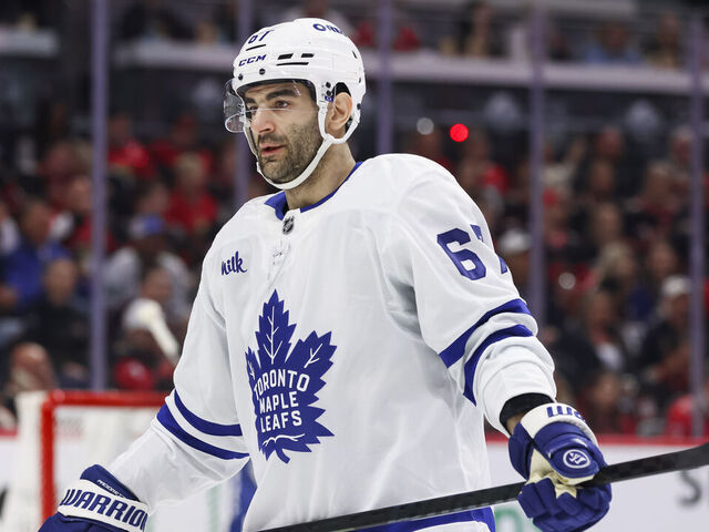 OTTAWA, ON - APRIL 24: Toronto Maple Leafs left wing Max Pacioretty (67) after a whistle during the first period of Game Three of the First Round of the 2025 Stanley Cup Playoffs between the Toronto Maple Leafs and Ottawa Senators on April 24, 2025, at Canadian Tire Centre in Ottawa, ON, Canada.