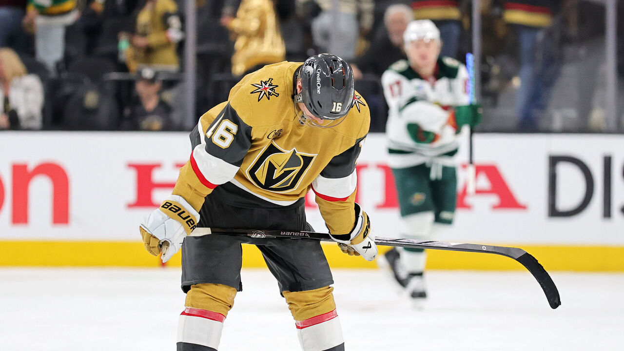 LAS VEGAS, NEVADA - APRIL 22: Pavel Dorofeyev #16 of the Vegas Golden Knights reacts after an empty-net goal by Kirill Kaprizov #97 of the Minnesota Wild in the third period of Game Two of the First Round of the 2025 Stanley Cup Playoffs at T-Mobile Arena on April 22, 2025 in Las Vegas, Nevada. The Wild defeated the Golden Knights 5-2.