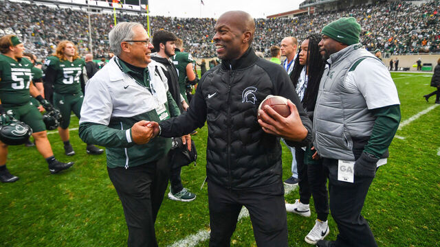 EAST LANSING, MI - OCTOBER 30: Michigan State Athletics Director Alan Haller celebrates after a college football game between the Michigan State Spartans and the Michigan Wolverines on October 30, 2021 at Spartan Stadium in East Lansing, MI.