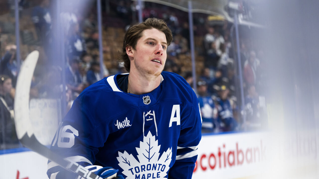 TORONTO, ON - APRIL 17: Mitch Marner #16 of the Toronto Maple Leafs warms-ups before playing the Detroit Red Wings at the Scotiabank Arena on April 17, 2025 in Toronto, Ontario, Canada.