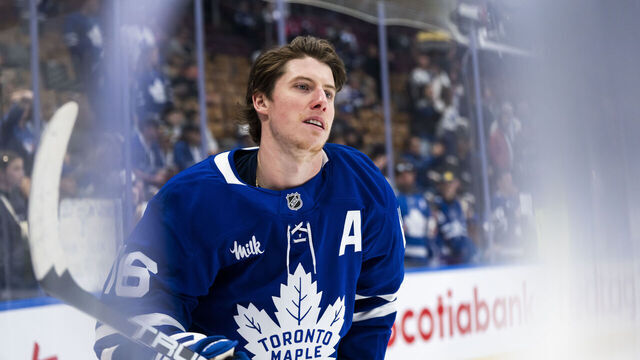 TORONTO, ON - APRIL 17: Mitch Marner #16 of the Toronto Maple Leafs warms-ups before playing the Detroit Red Wings at the Scotiabank Arena on April 17, 2025 in Toronto, Ontario, Canada.