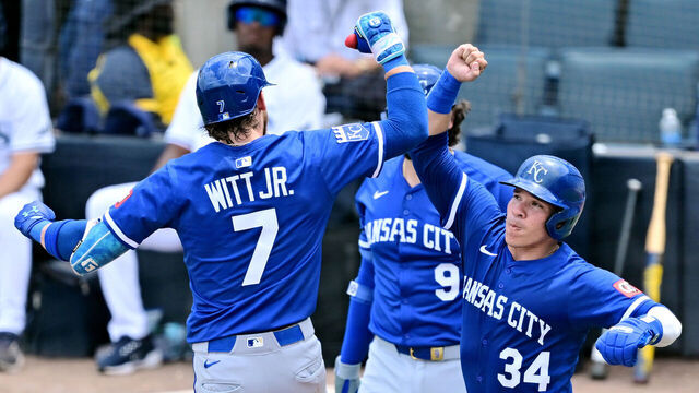 TAMPA, FLORIDA - MAY 01: Bobby Witt Jr. #7 of the Kansas City Royals celebrate with Freddy Fermin #34 after hitting a two-run home run in the fifth inning against the Tampa Bay Rays at George M. Steinbrenner Field on May 01, 2025 in Tampa, Florida.