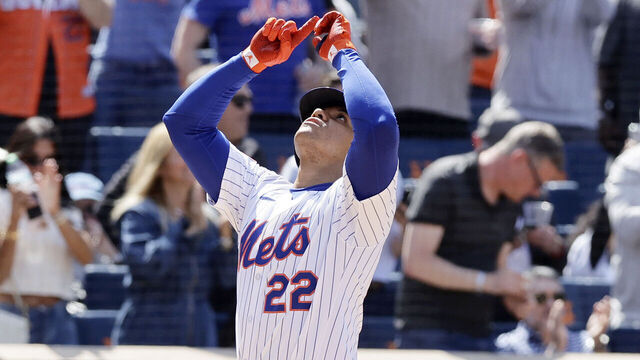 NEW YORK, NEW YORK - MAY 01: Juan Soto #22 of the New York Mets reacts at home plate after his sixth inning home run against the Arizona Diamondbacks at Citi Field on May 01, 2025 in New York City. The blast was Soto's first home run at Citi Field as a member of the Mets.