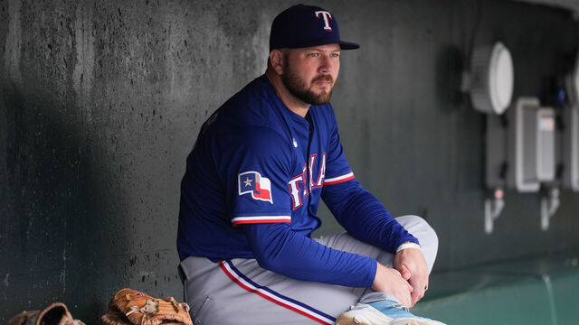 SAN FRANCISCO, CA - APRIL 27: Jake Burger #21 of the Texas Rangers looks on from the dugout prior to the game between the Texas Rangers and the San Francisco Giants at Oracle Park on Sunday, April 27, 2025 in San Francisco, California.