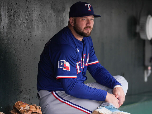 SAN FRANCISCO, CA - APRIL 27: Jake Burger #21 of the Texas Rangers looks on from the dugout prior to the game between the Texas Rangers and the San Francisco Giants at Oracle Park on Sunday, April 27, 2025 in San Francisco, California.