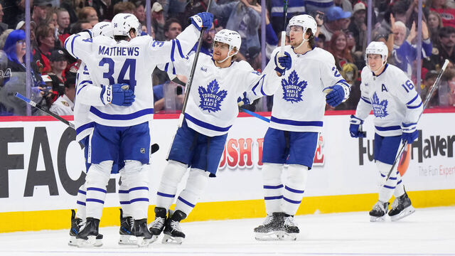 OTTAWA, CANADA - MAY 1: Auston Matthews #34 of the Toronto Maple Leafs celebrates his first period goal with John Tavares #91, William Nylander #88, Matthew Knies #23 and Mitch Marner #16 in Game Six of the First Round of the 2025 Stanley Cup Playoffs against the Ottawa Senators at Canadian Tire Centre on May 1, 2025 in Ottawa, Ontario, Canada.