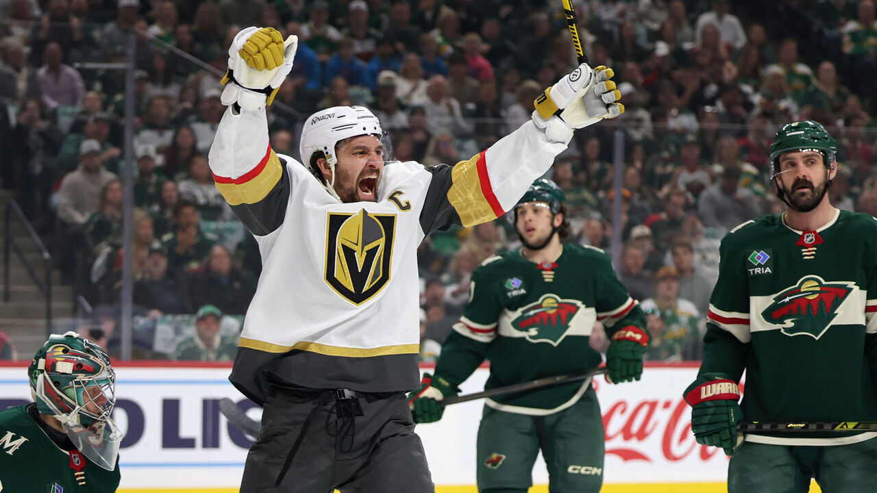 ST PAUL, MINNESOTA - MAY 01: Shea Theodore #27 of the Vegas Golden Knights celebrates after scoring a goal against Filip Gustavsson #32 of the Minnesota Wild during the first period in Game Six of the First Round of the 2025 Stanley Cup Playoffs at Xcel Energy Center on May 01, 2025 in St Paul, Minnesota.
