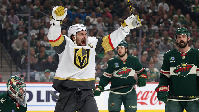 ST PAUL, MINNESOTA - MAY 01: Shea Theodore #27 of the Vegas Golden Knights celebrates after scoring a goal against Filip Gustavsson #32 of the Minnesota Wild during the first period in Game Six of the First Round of the 2025 Stanley Cup Playoffs at Xcel Energy Center on May 01, 2025 in St Paul, Minnesota.