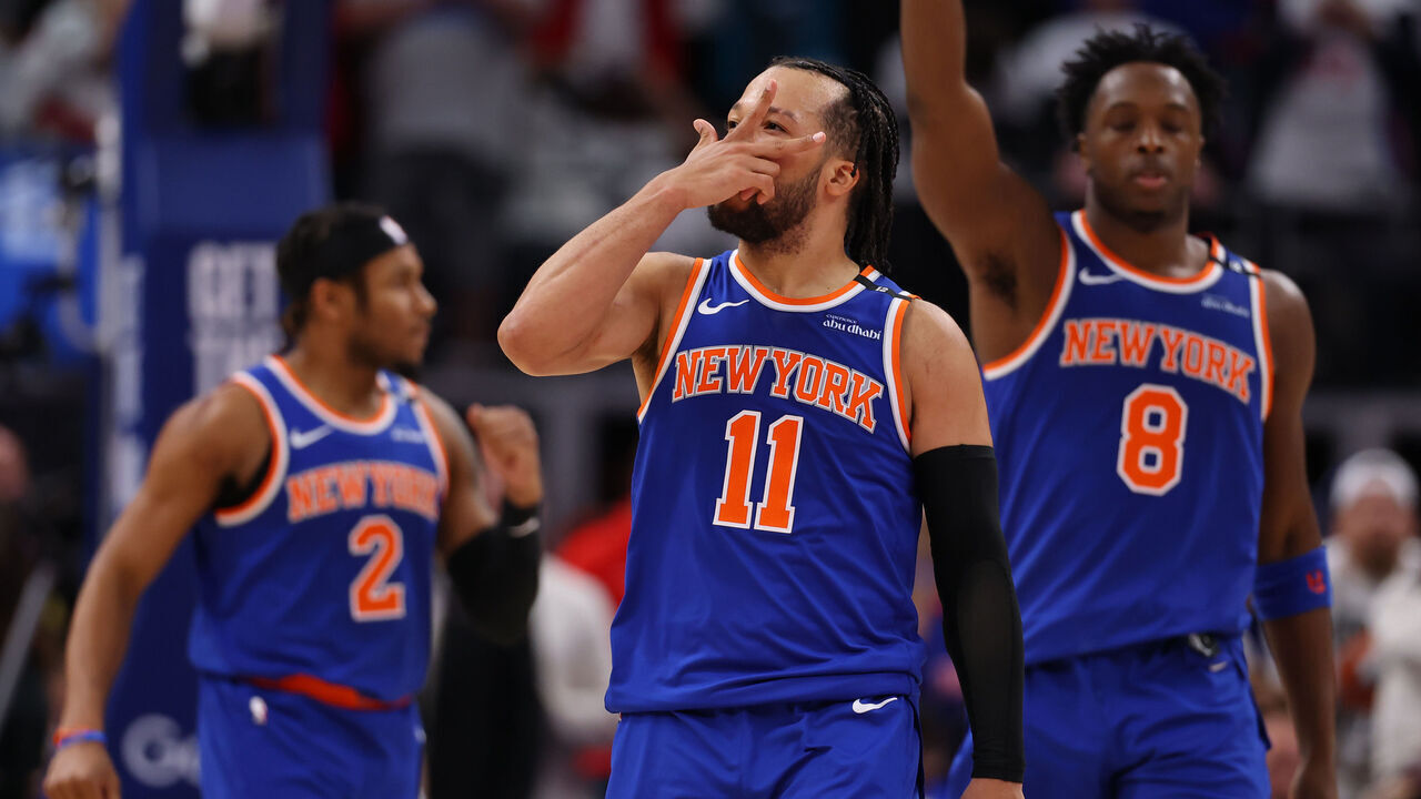 DETROIT, MICHIGAN - MAY 01: Jalen Brunson #11 of the New York Knicks celebrates after making a three-point basket late during the fourth quarter against the Detroit Pistons in Game Six of the Eastern Conference First Round NBA Playoffs at Little Caesars Arena on May 01, 2025 in Detroit, Michigan.