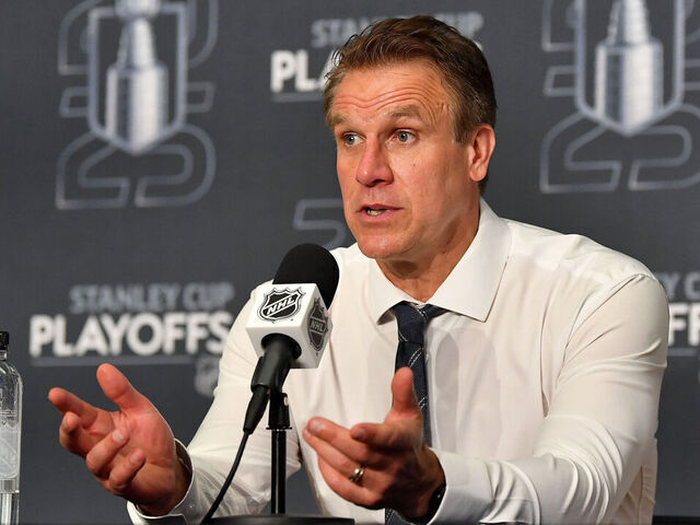 EDMONTON, CANADA - MAY 1: Head coach Jim Hiller of the Los Angeles Kings addresses the media after his team's loss against the Edmonton Oilers in Game Six of the First Round of the Stanley Cup Playoffs at Rogers Place on May 1, 2025, in Edmonton, Alberta, Canada.