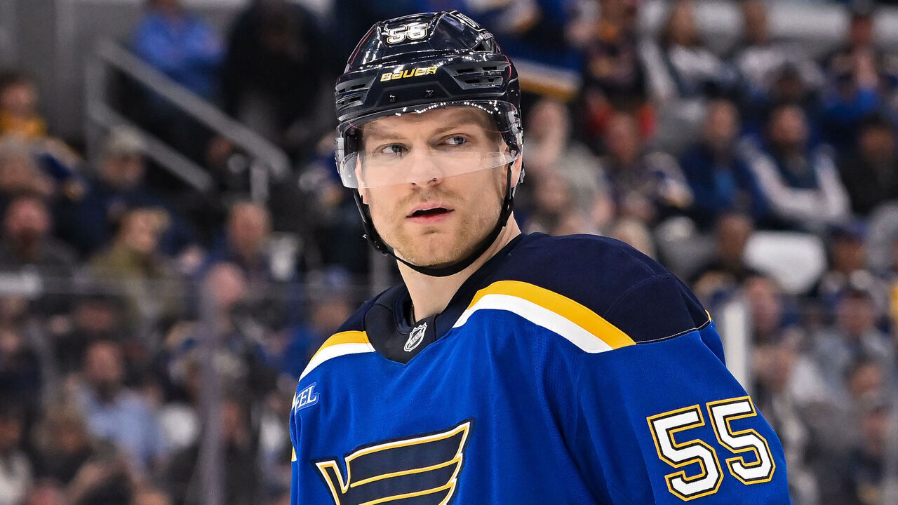 ST. LOUIS, MO - APRIL 24: St. Louis Blues defenseman Colton Parayko (55) during the Stanley Cup Playoffs round one game three where the St. Louis Blues hosted the Winnipeg Jets on Thursday April 24, 2025, at the Enterprise Center in St. Louis MO